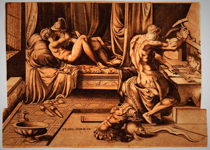 Venus and Mars at the forge of Vulcan, engraving.